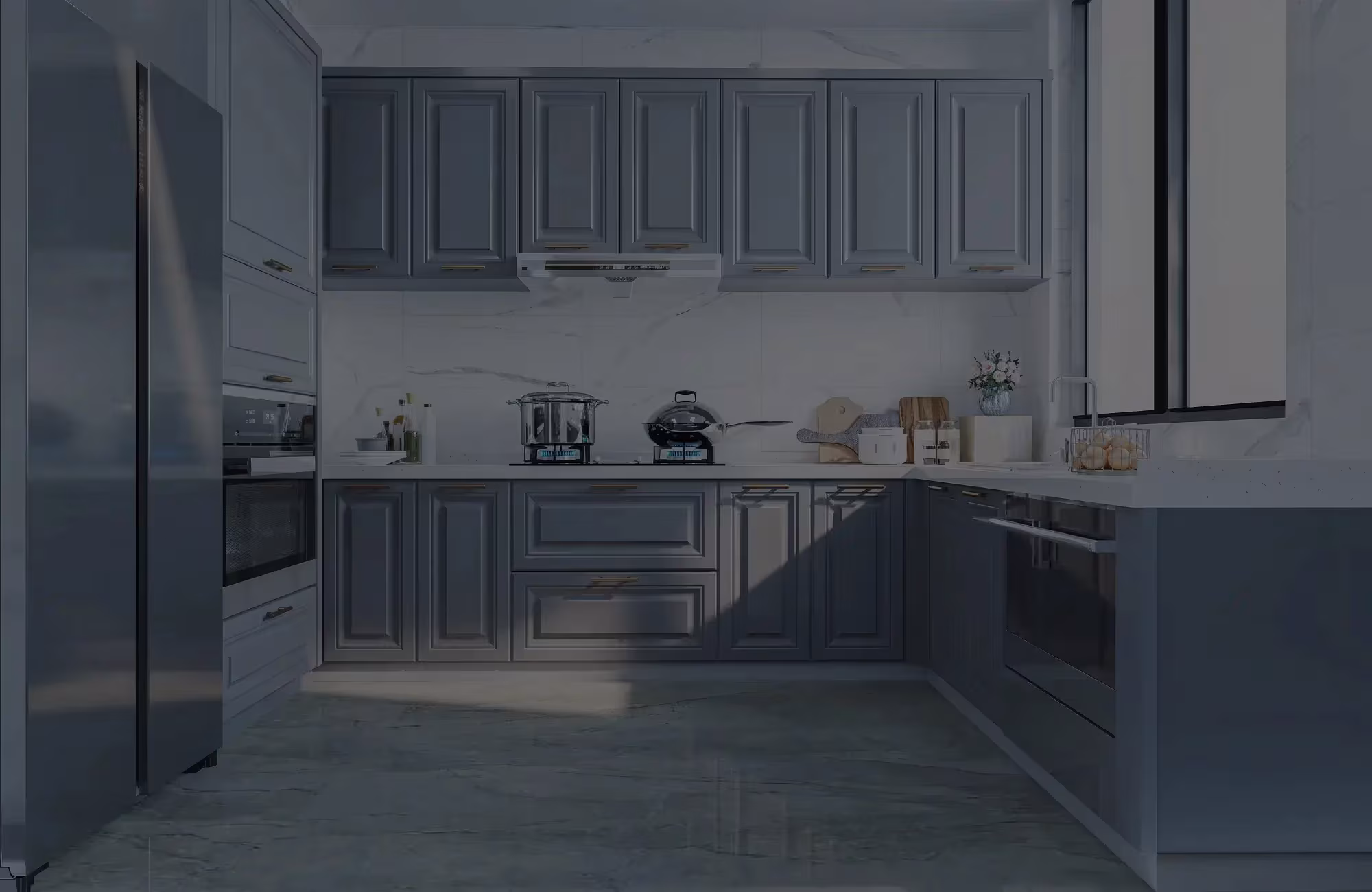Blue-gray cabinets and integrated appliances in a Kenilworth kitchen
