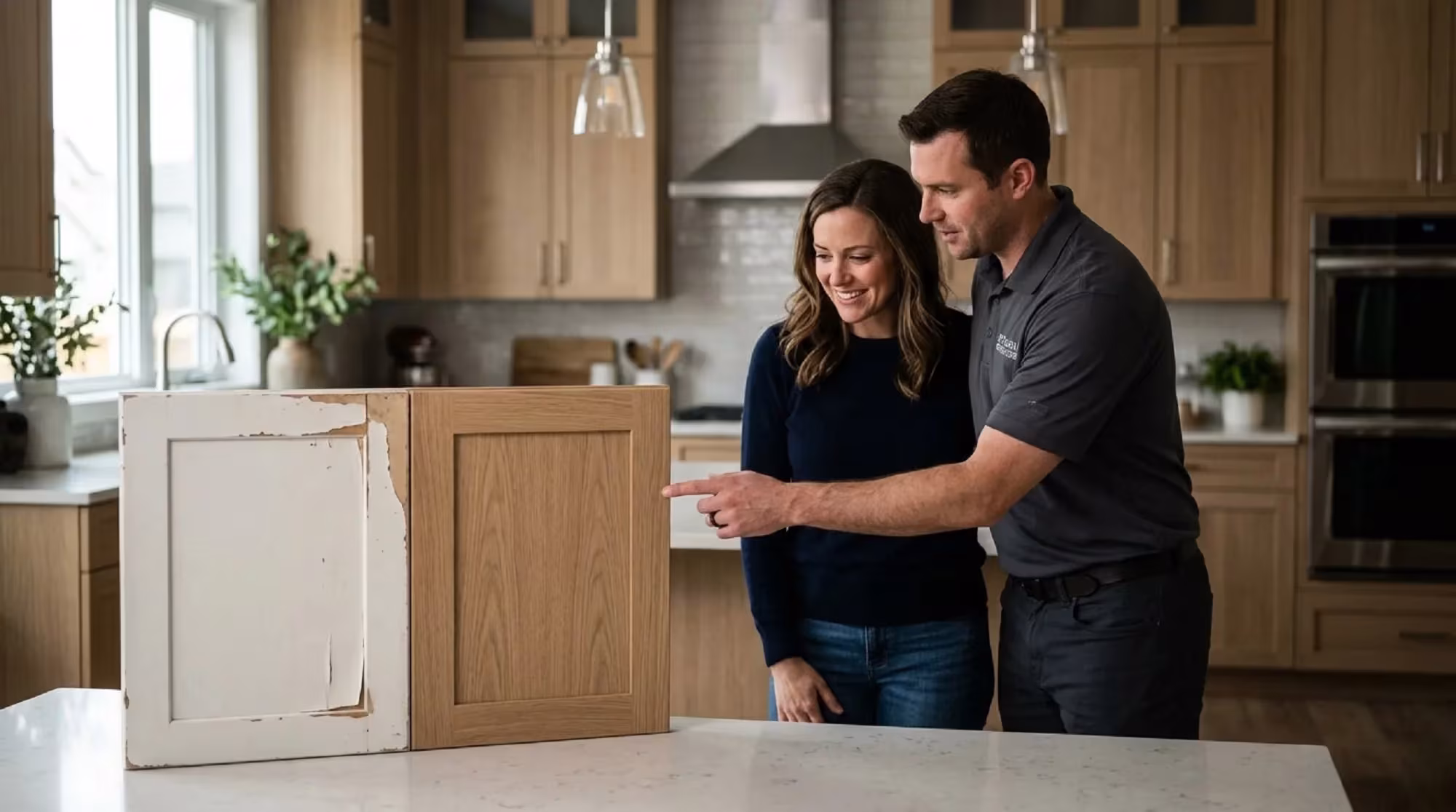 Couple looking over their light wood kitchen cabinets together