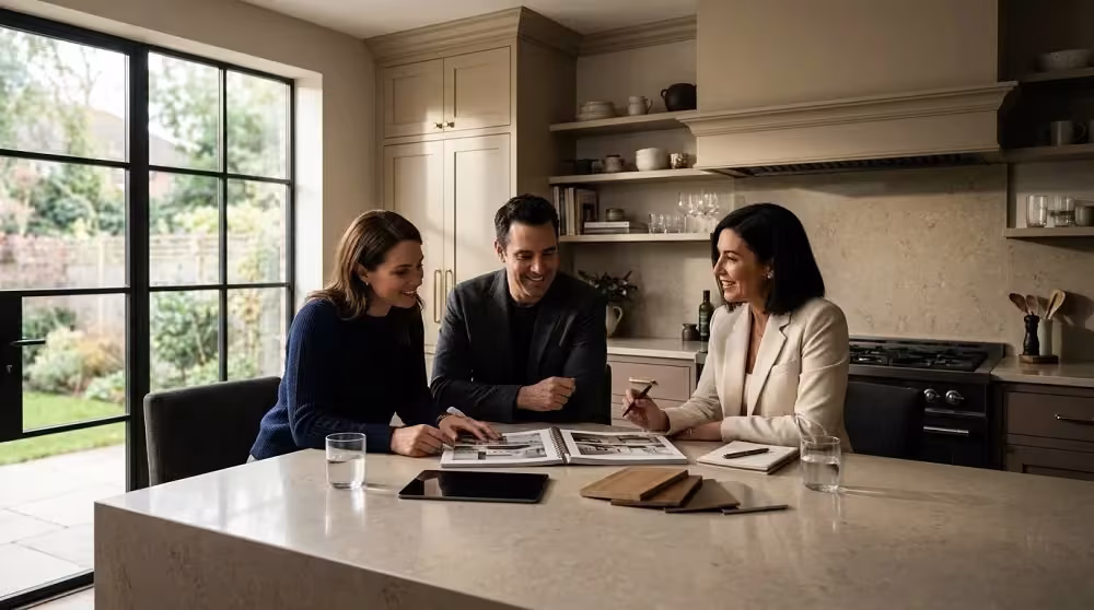 Three people reviewing door samples at a kitchen island