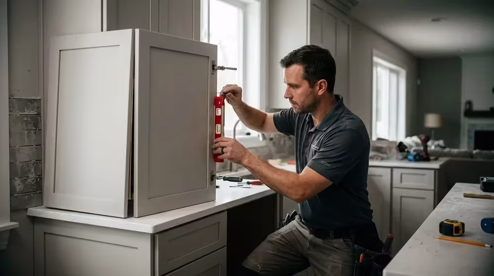 Installer holding a white wall cabinet in position for fitting