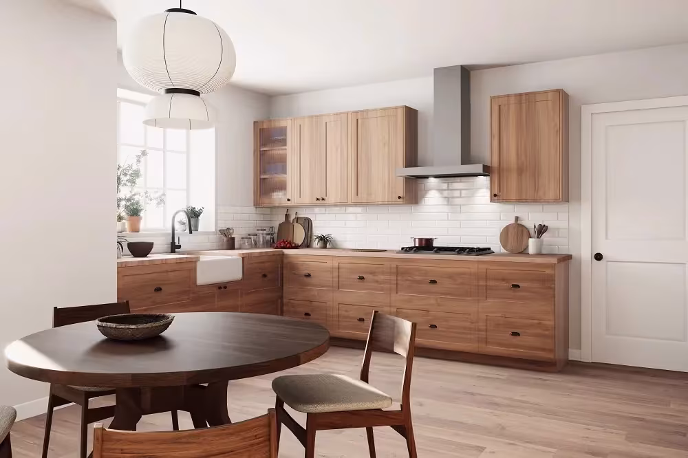 Light wood kitchen with a round dining table and pendant light