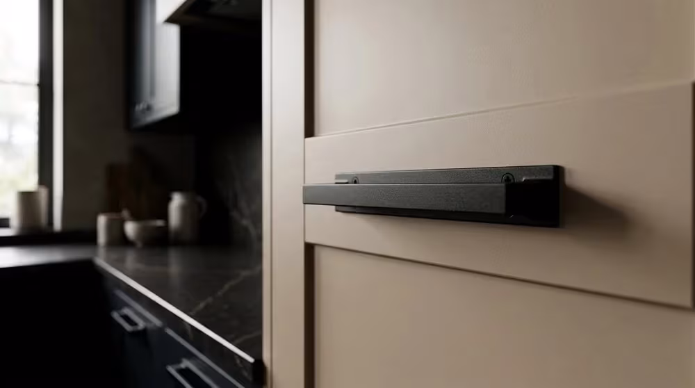 Matte black bar pull on a beige flat-panel cabinet door