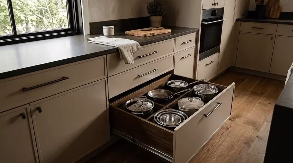 Taupe kitchen with a deep pan drawer pulled open