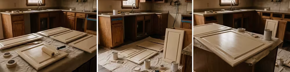 Three stages of a do-it-yourself cabinet refacing job in progress