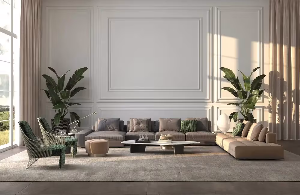 Living room with panelled walls framing a low sofa and plants
