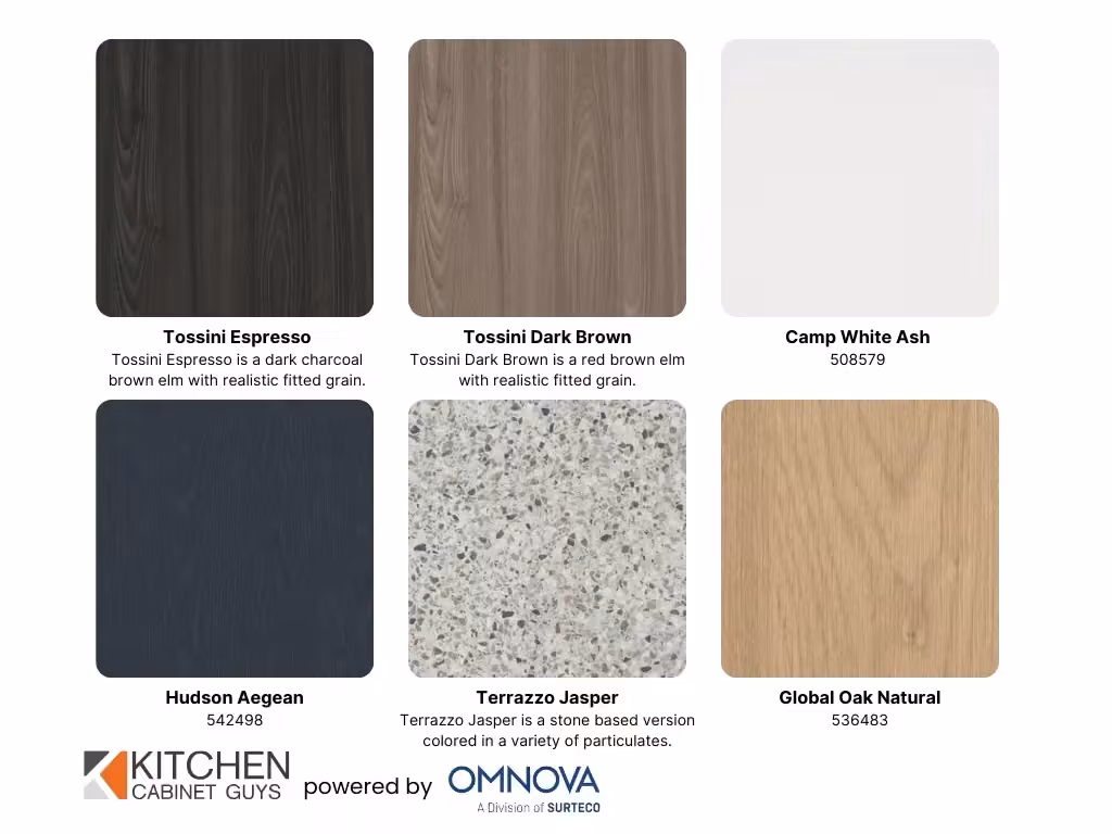 3D laminate sample board with Tossini Espresso, Hudson Aegean and Terrazzo Jasper