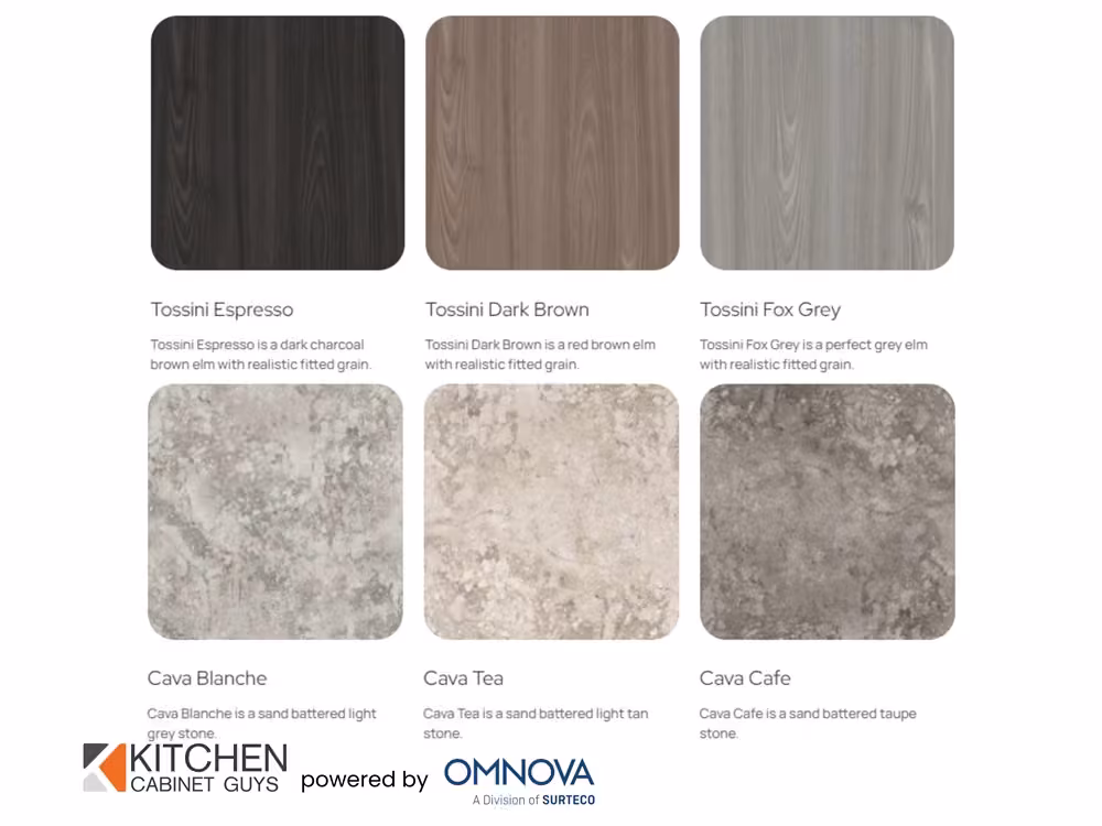 Six-swatch board of Tossini woodgrains above the Cava stone laminates