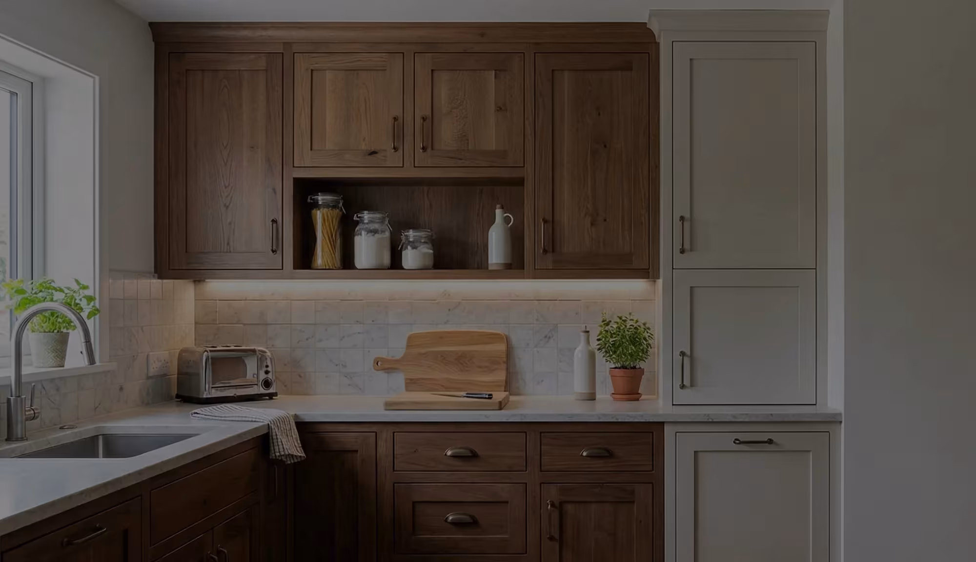 Oak Shaker base cabinets with sage green uppers in a Lake Zurich kitchen