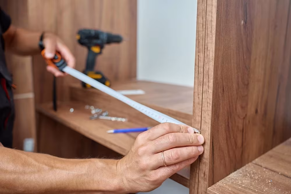 Hands measuring a walnut cabinet frame with a tape measure
