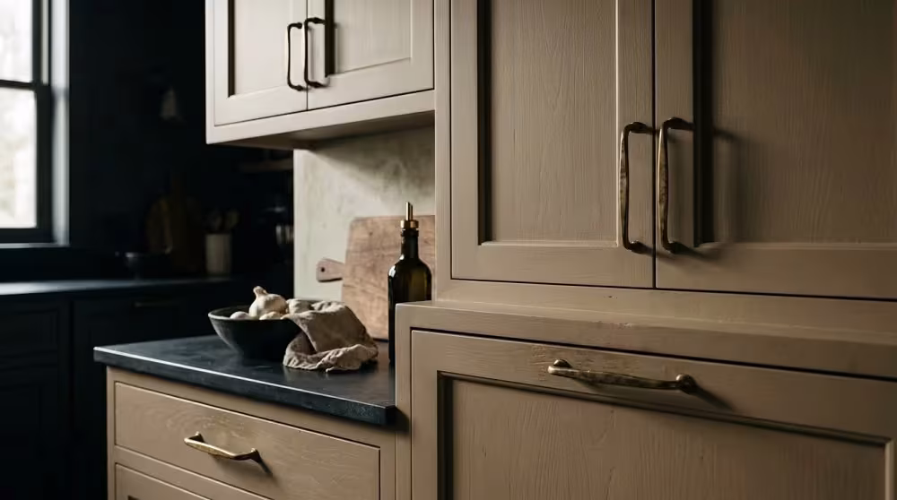 Taupe cabinets with long bar pulls and a dark countertop