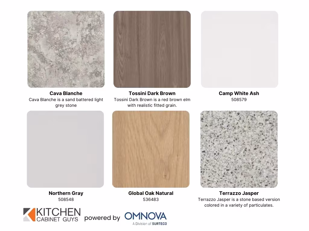 3D laminate sample board with Cava Blanche, Tossini Dark Brown and Northern Gray