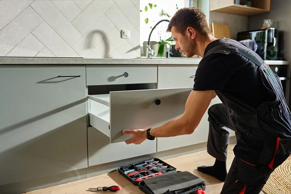 Technician checking a drawer in a finished sage green kitchen