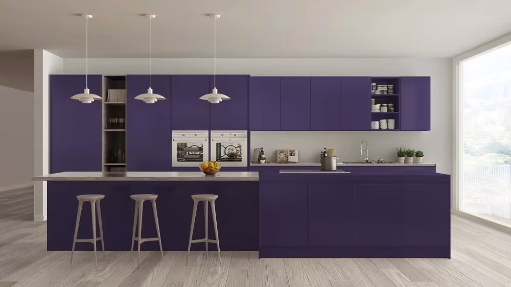 Deep violet kitchen with a matching island and bar stools