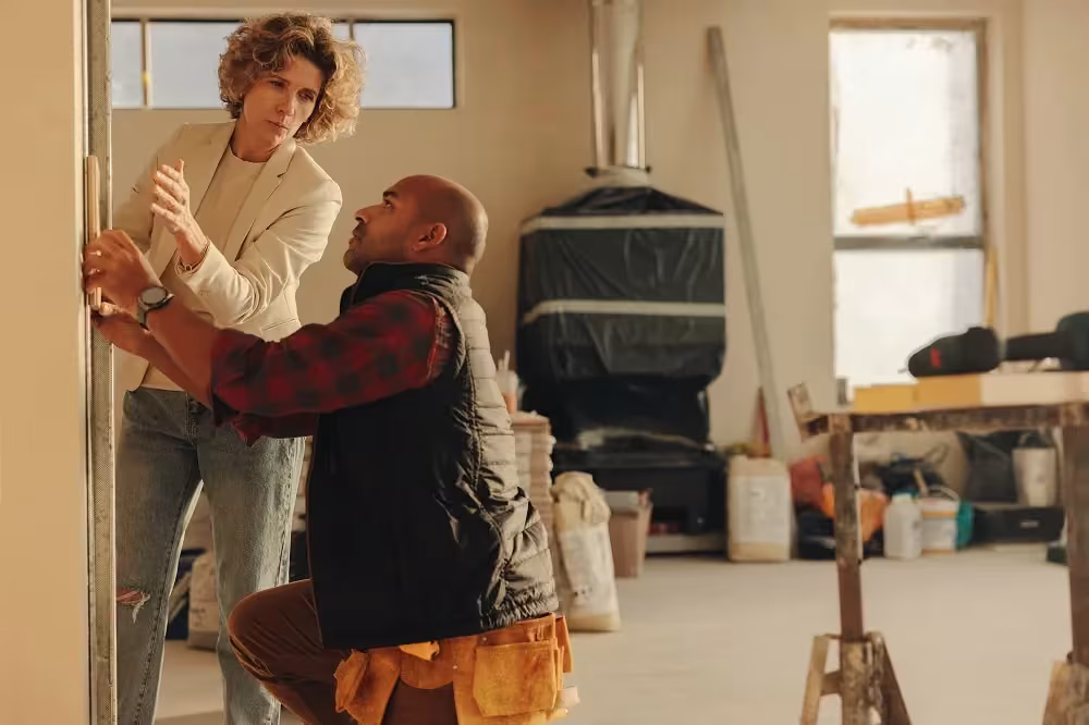Couple embracing in a room part way through a kitchen renovation