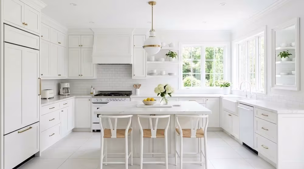 All-white kitchen with an island and wood counter stools