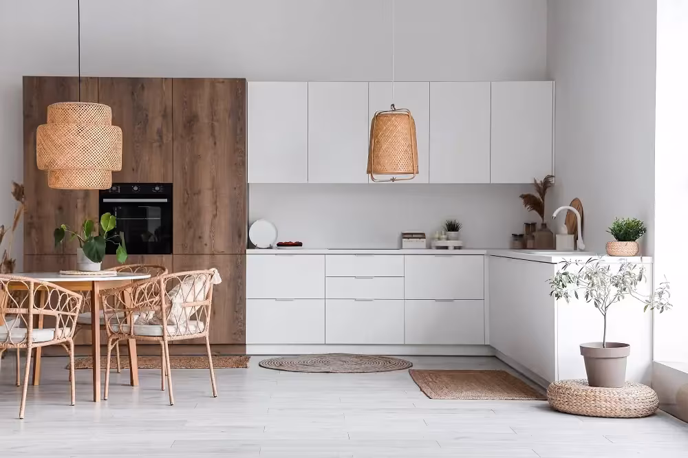 White kitchen with woven pendant lights and a round dining table