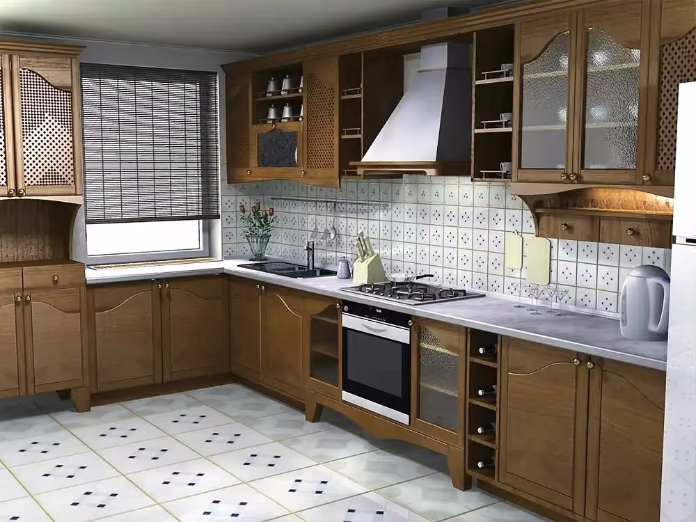 Oak kitchen with glass-front uppers and a white range hood
