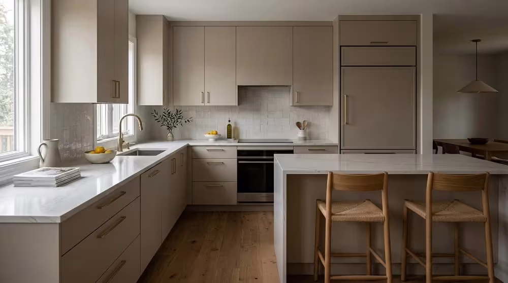 Cream kitchen with island seating beside a large window