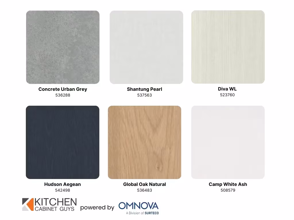 3D laminate sample board with Concrete Urban Gray, Shantung Pearl and Hudson Aegean
