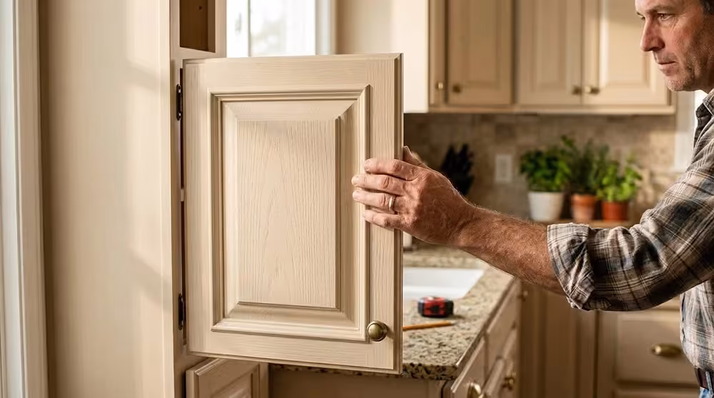 Older homeowner opening a cream raised panel cabinet door