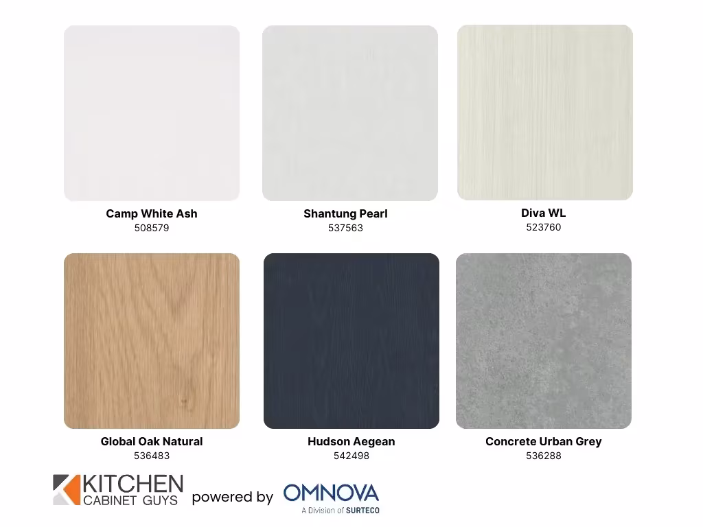 3D laminate sample board with Shantung Pearl, Diva WL and Hudson Aegean