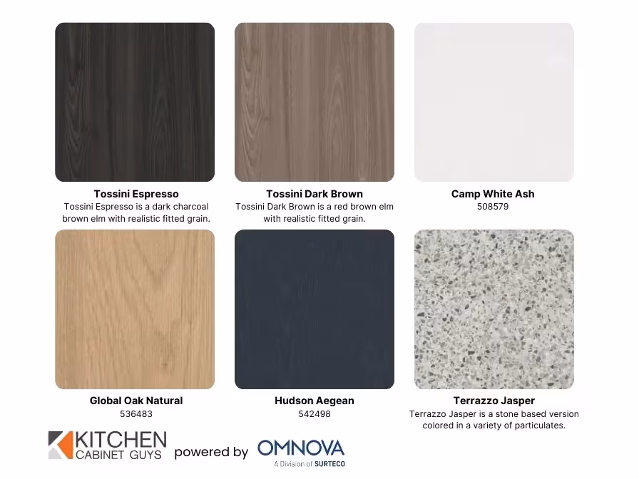 3D laminate sample board led by Tossini Espresso, Hudson Aegean and Global Oak Natural