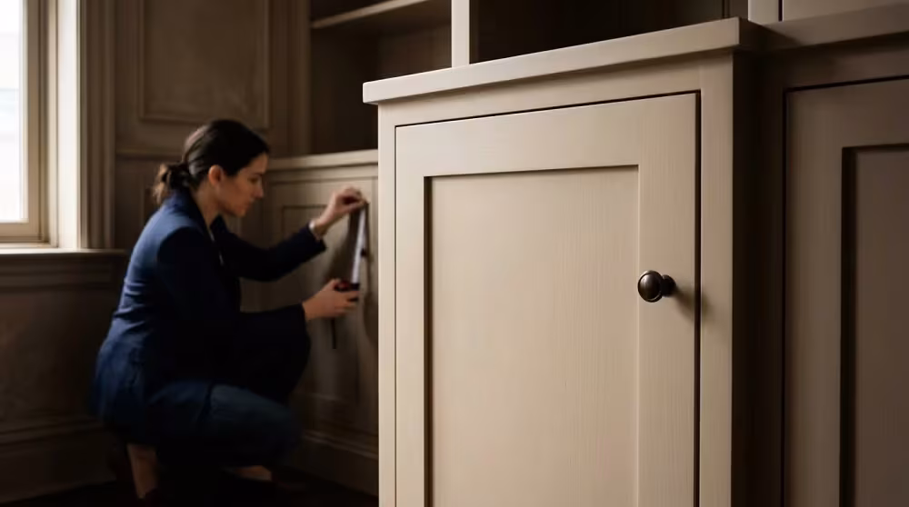 Woman fitting a black knob to an inset cabinet door