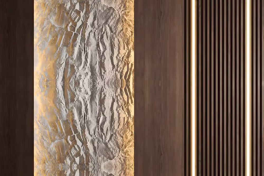 Close view of textured wall panel finishes in stone, gold and wood
