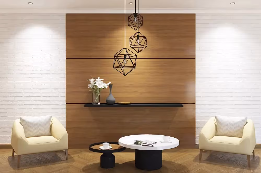 Lounge with a walnut feature wall and textured white panels
