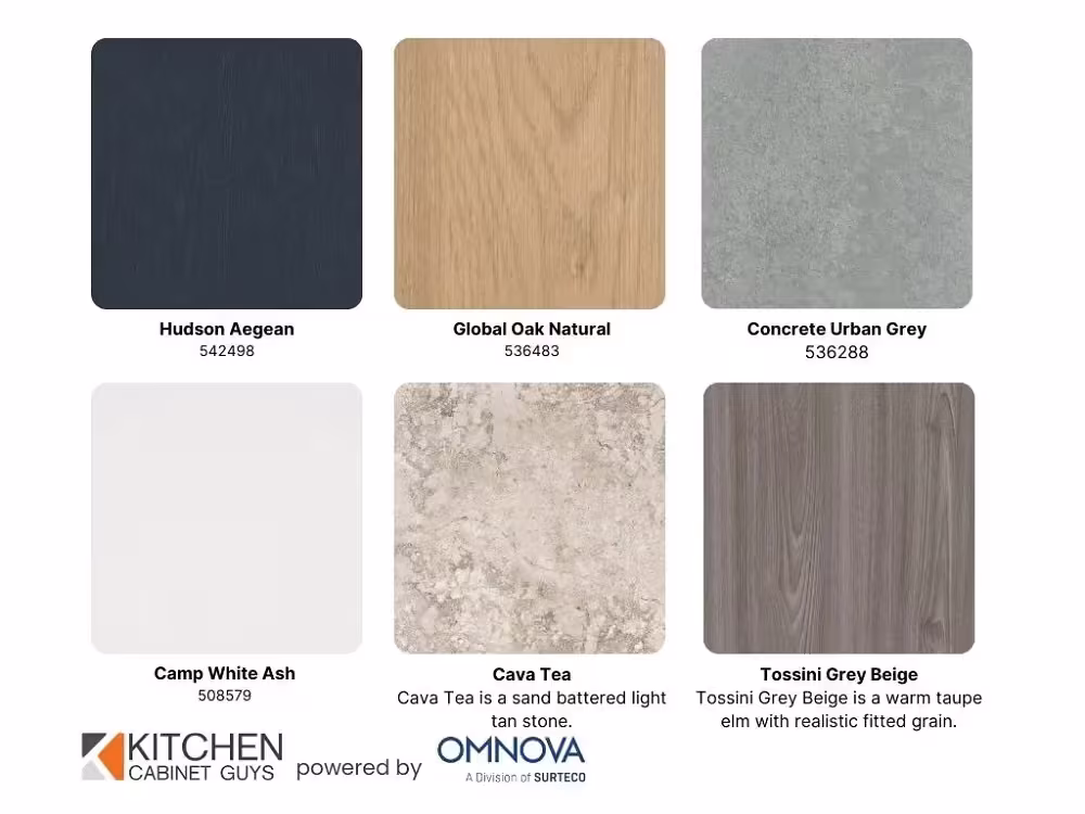 3D laminate sample board with Hudson Aegean, Global Oak Natural and Cava Tea