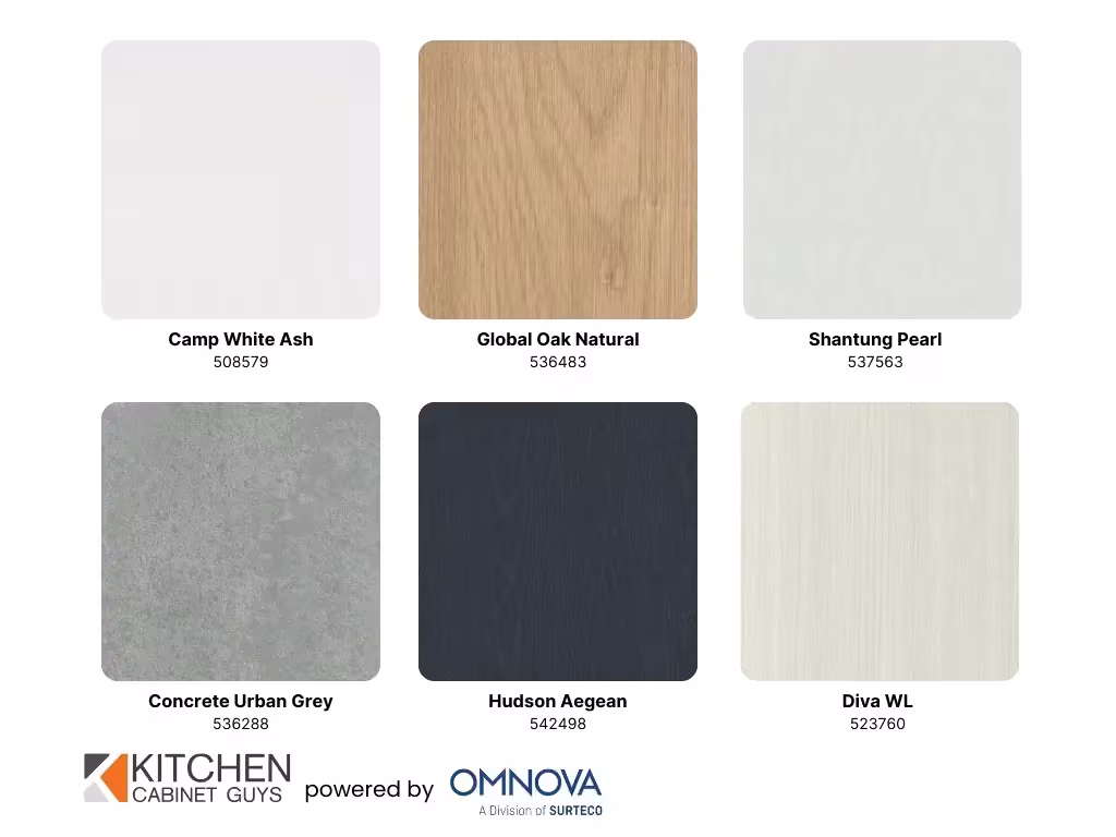 3D laminate sample board with Camp White Ash, Shantung Pearl and Concrete Urban Gray