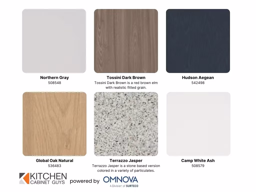 3D laminate sample board with Northern Gray, Hudson Aegean and Terrazzo Jasper