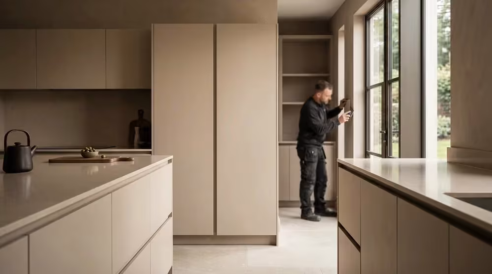 Taupe slab cabinet fronts in a minimal kitchen