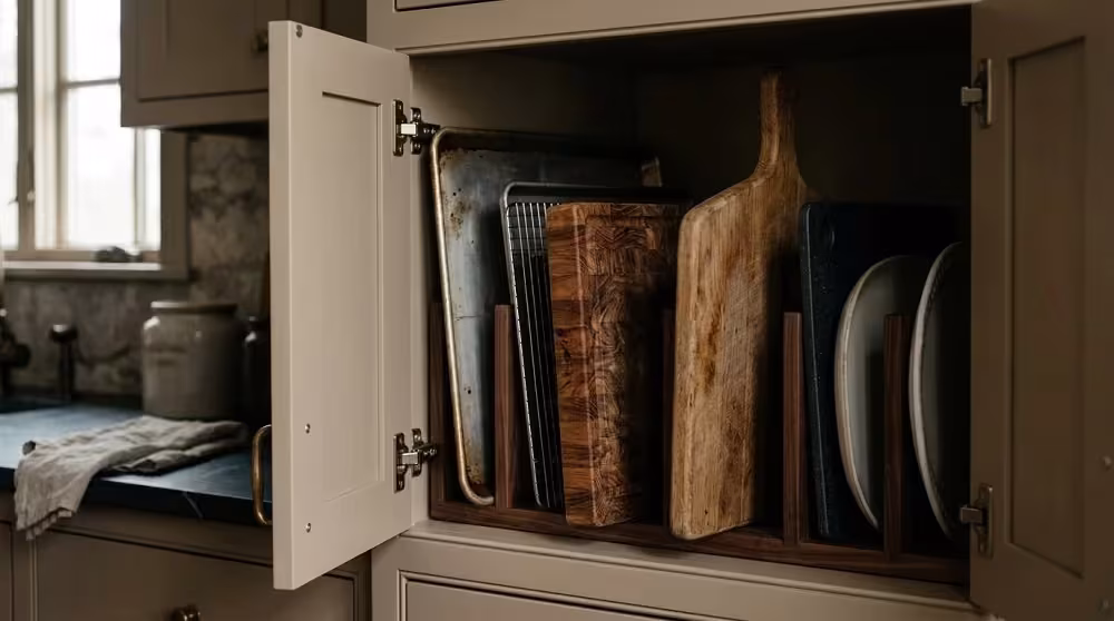 Cabinet with vertical dividers holding boards, trays and platters