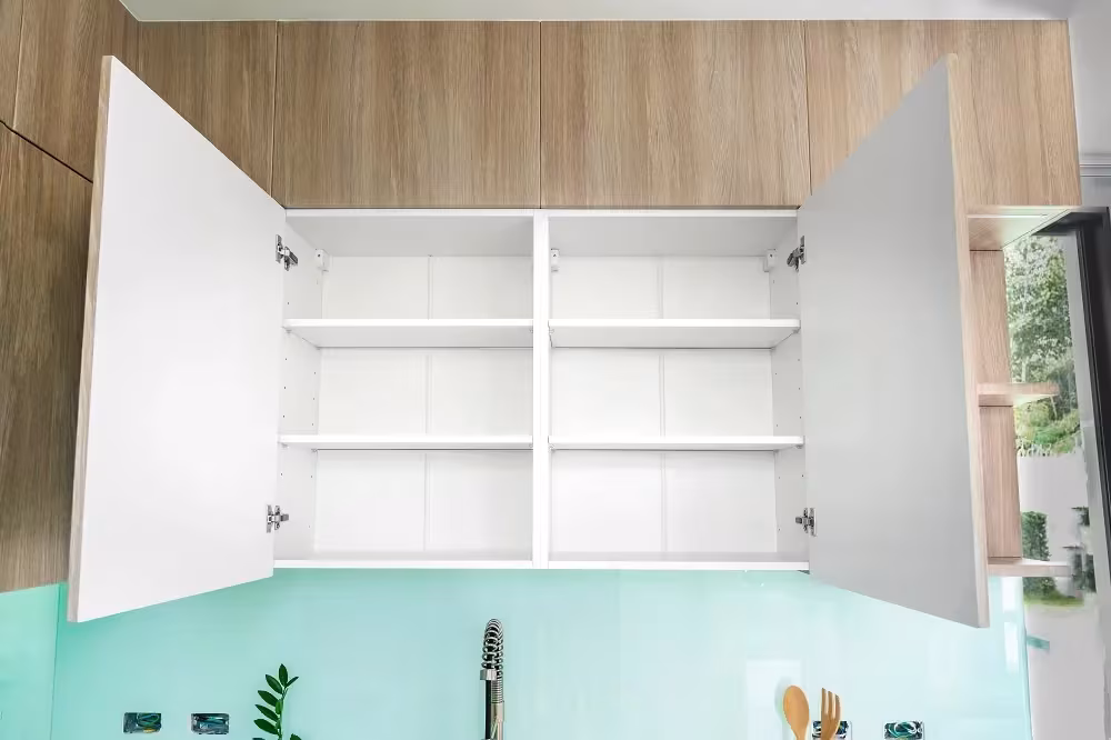 Open white melamine wall cabinet with adjustable shelves