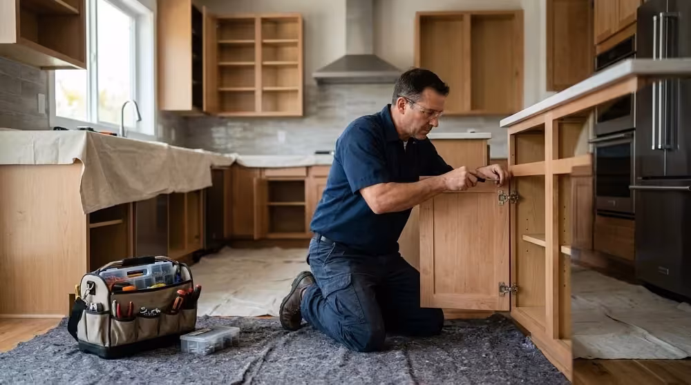 Installer assembling cabinet boxes on the floor of a kitchen