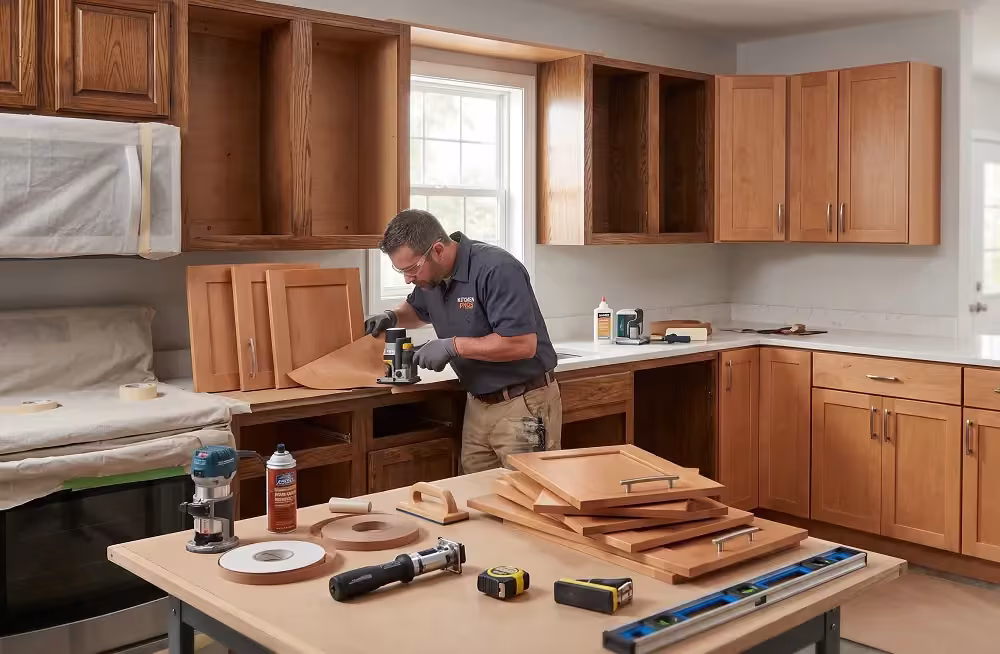 Craftsman preparing veneer strips in an oak kitchen