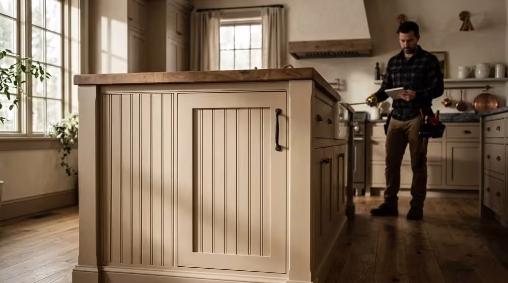 Beadboard-panelled kitchen island with a wood countertop