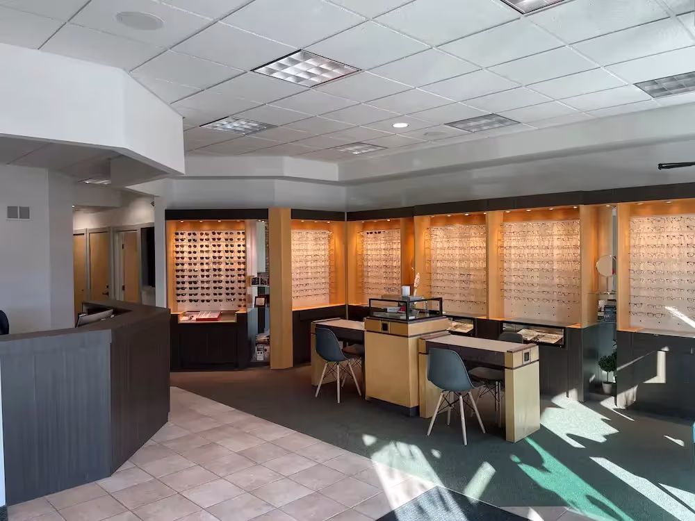Office interior with wood partition screens and workstations