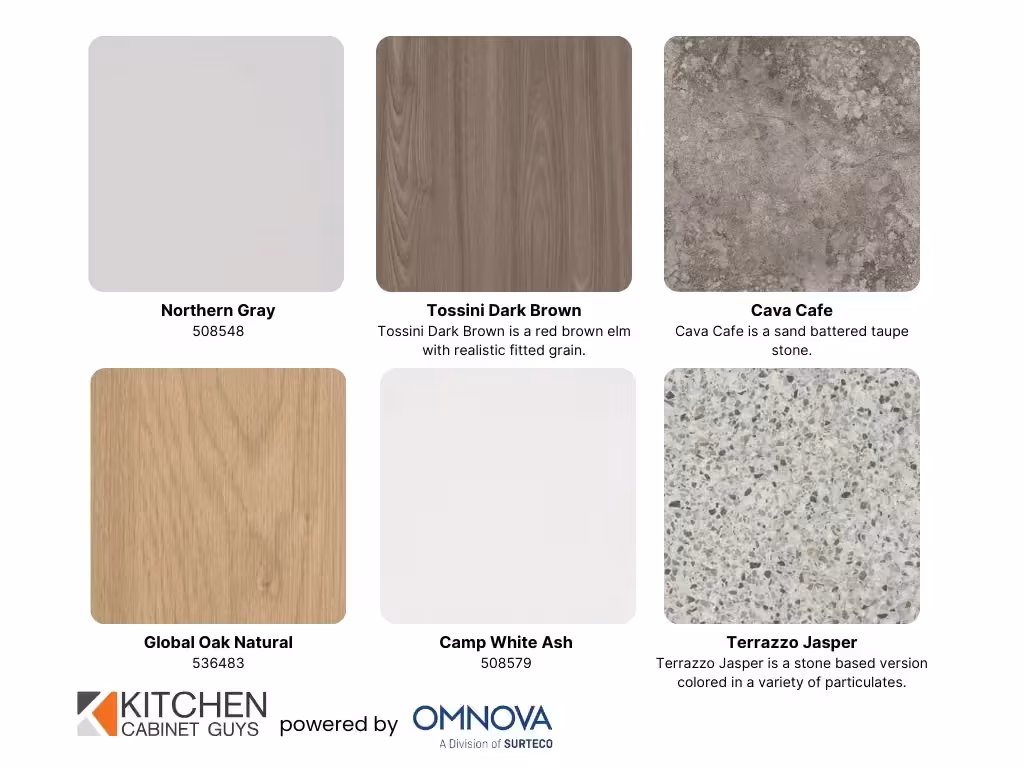 3D laminate sample board with Northern Gray, Tossini Dark Brown and Cava Cafe