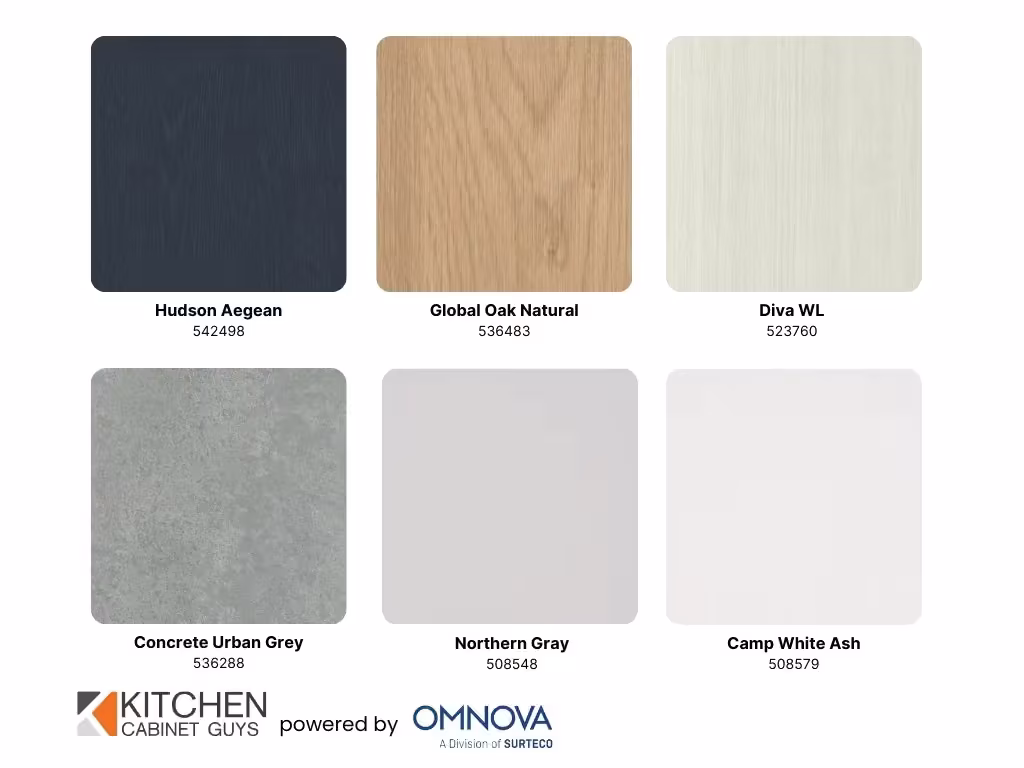 3D laminate sample board with Hudson Aegean, Diva WL and Northern Gray