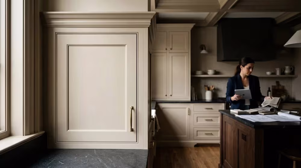 Cream traditional cabinets with crown molding in a dim kitchen