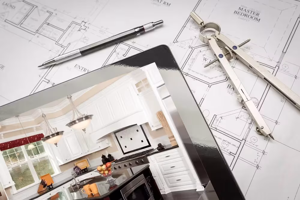 Tablet showing a kitchen photo resting on blueprints and drafting tools