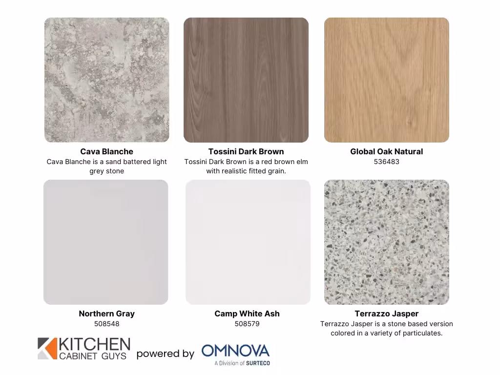 3D laminate sample board with Cava Blanche, Global Oak Natural and Terrazzo Jasper