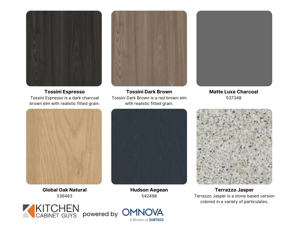 3D laminate sample board with Matte Luxe Charcoal, Hudson Aegean and Global Oak Natural