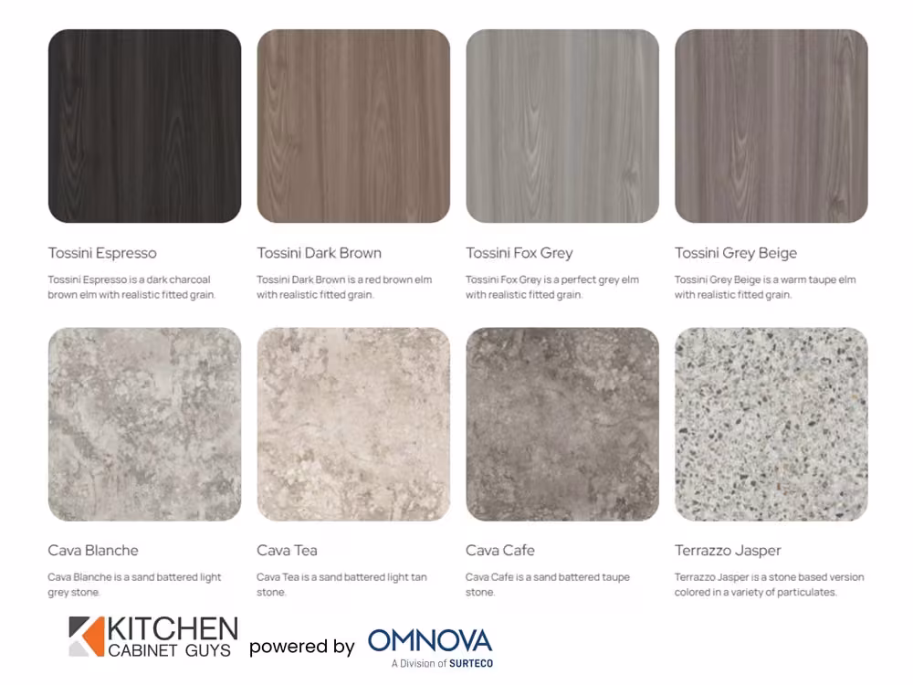 Twelve-swatch laminate board pairing the Tossini woodgrains with the Cava stones