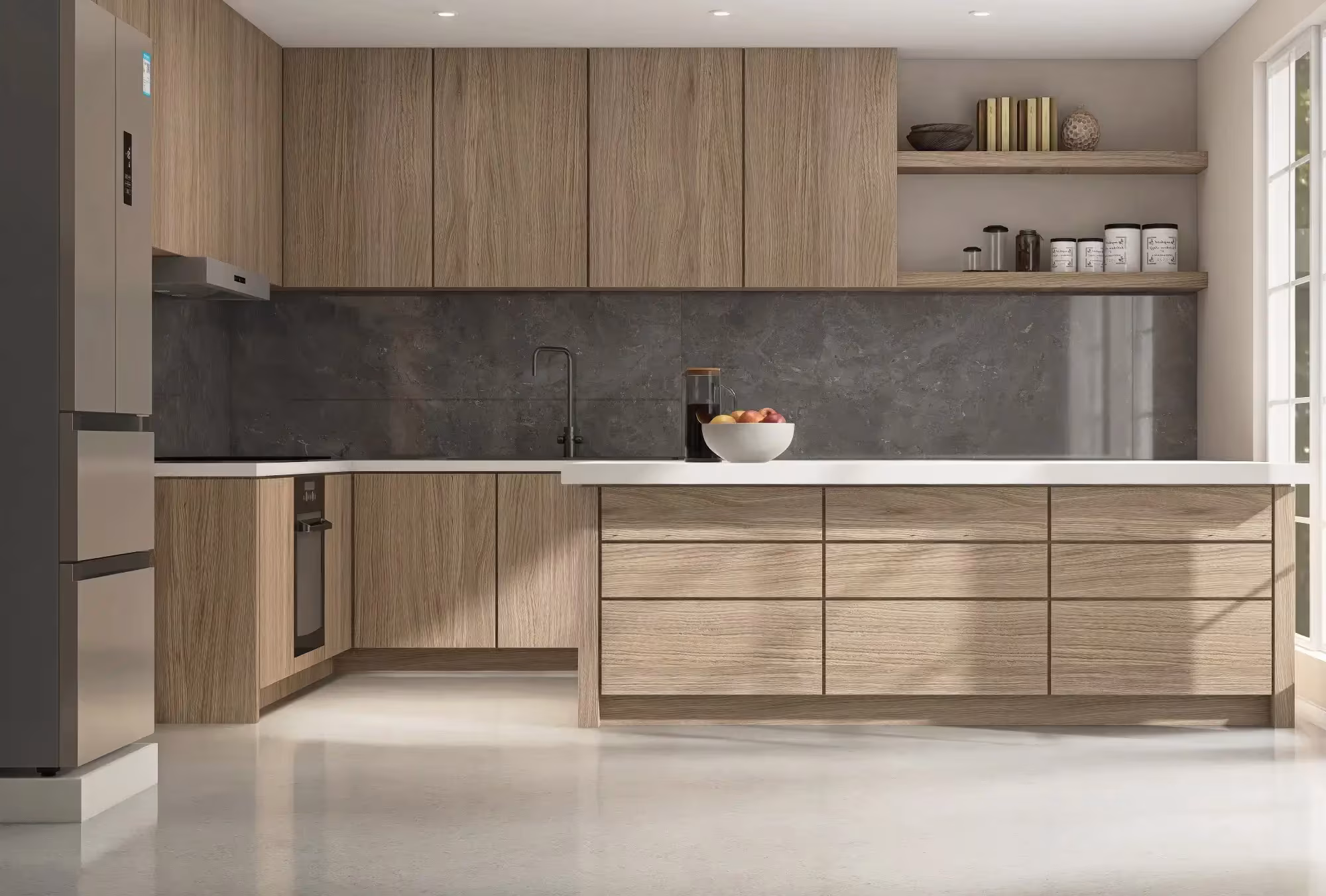 Light wood handleless cabinets and a dark stone backsplash in Palatine
