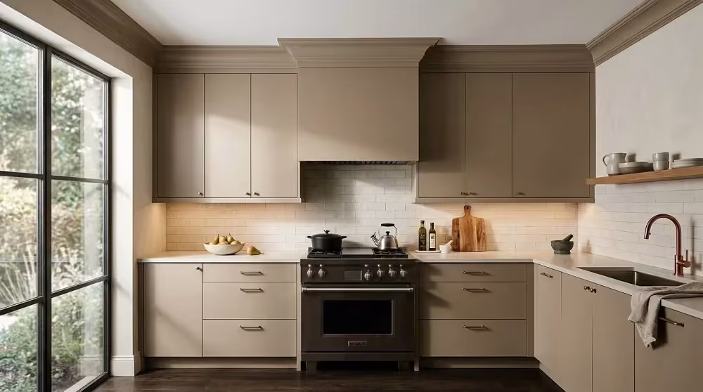 Taupe kitchen with under-cabinet light rails and crown trim