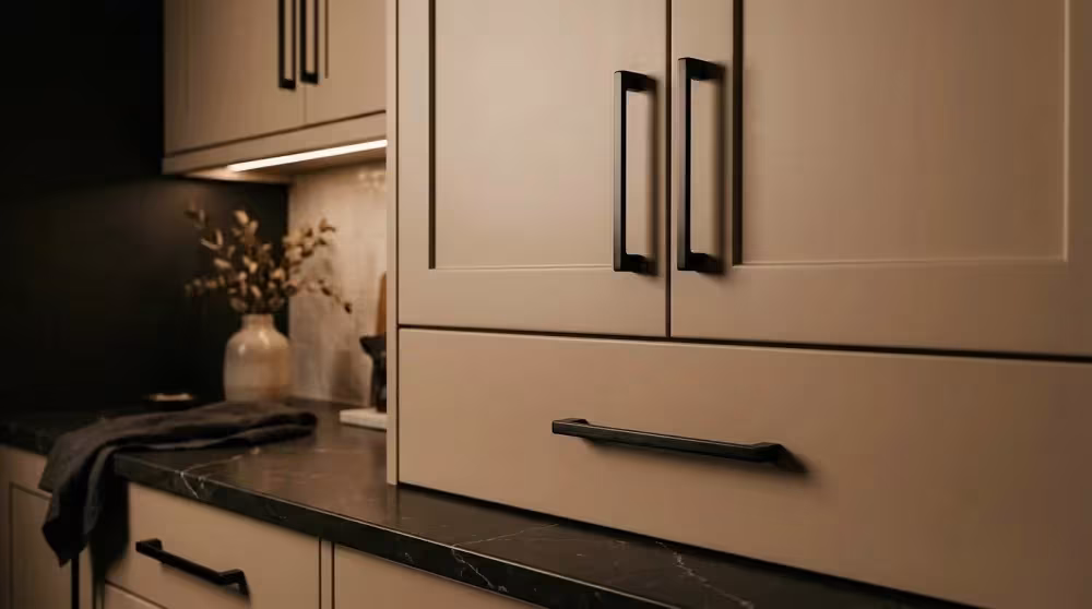 Close view of black bar pulls fitted to taupe cabinet fronts