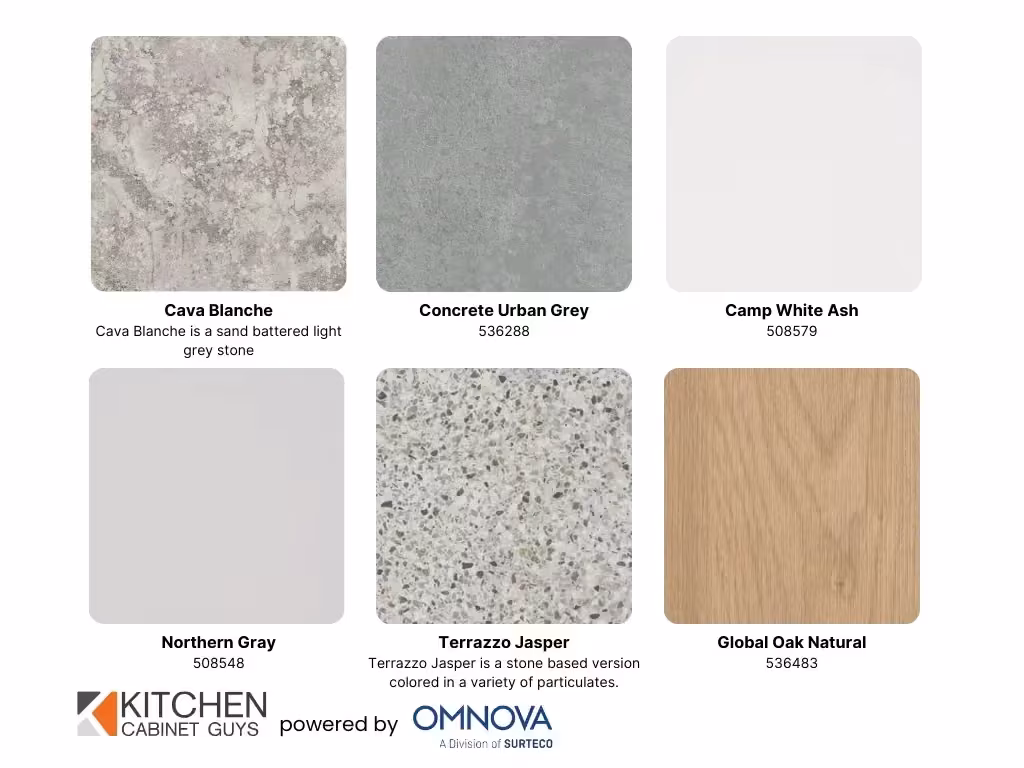 3D laminate sample board with Cava Blanche, Concrete Urban Gray and Northern Gray